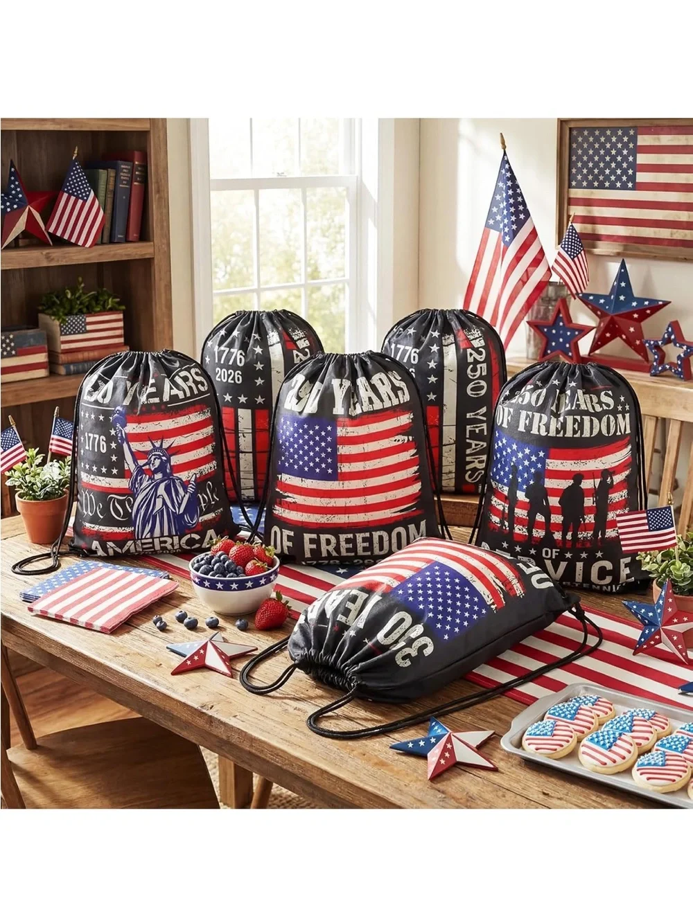 Patriotic 250 Years Drawstring Backpack - Black & Red